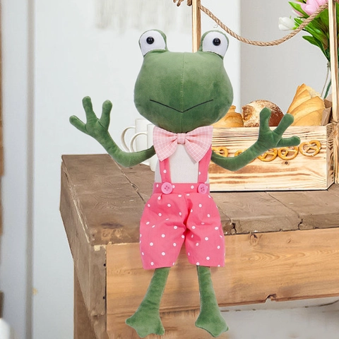 Cute Green Frog Plush Toy With Pink Polka Dot Suspender Pants Plaid Bow Tie Easter Decorative Stuffed Animal Ornament Gift