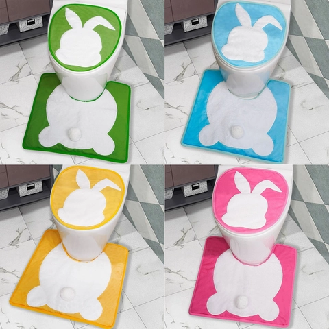 Housse de Couvercle de Toilette et Tapis en U de Pâques Lapin Peluche Doux Antidérapant pour Décoration de Salle de Bain