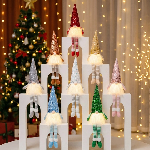 LED Leuchtende Weihnachten Gnom Ornament Mit Pailletten Hut Lange Gestreifte Beine Skandinavische Tomte Nisse Dekoration