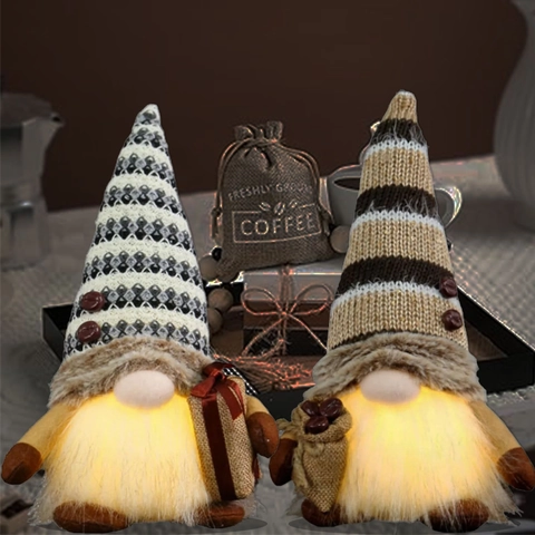 Coffee Luminous Gnome Plush Decorations With LED Light Knit Hat Holding Coffee Beans Gift Box Faceless Gnome Rudolph Ornament For Coffee Station Home Decor