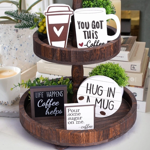 Décoration de Plateau à Étages Café Ferme Ensemble Panneaux en Bois Hug In A Mug Ornement de Bureau Rustique Maison Cuisine