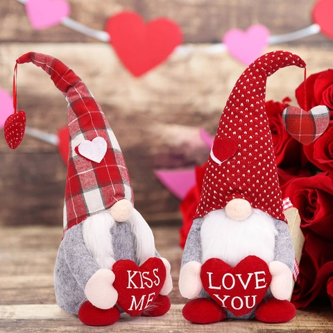 Valentine's Day Gnomes Plush Decorations Faceless Rudolph Doll With Plaid Polka Dot Hat Heart Love You Kiss Me Ornaments Home Decor