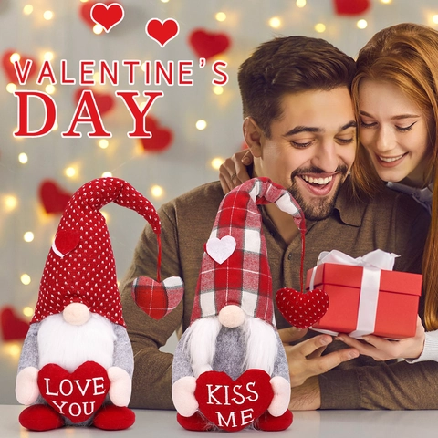 Valentine's Day Gnomes Plush Decorations Faceless Rudolph Doll With Plaid Polka Dot Hat Heart Love You Kiss Me Ornaments Home Decor