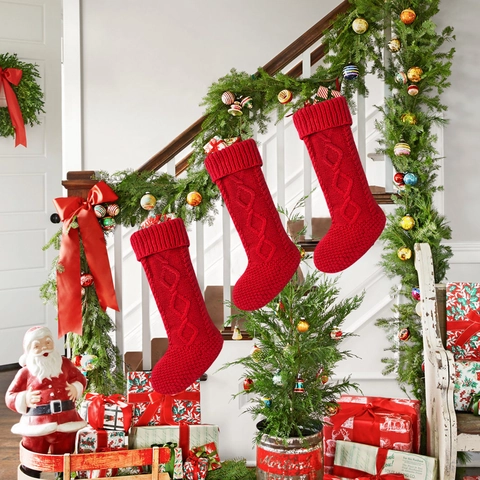 Grandi Calze di Natale in Maglia Intrecciata Rosso Bianco Decorazioni Appendere Albero Natale Casa Festa Vacanze