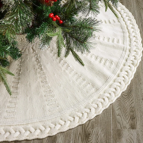 Christmas Tree Skirt Knitted Cable Pattern Round Xmas Tree Mat With Bow Ties Holiday Home Floor Decoration Ornament