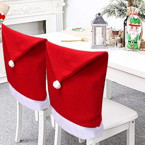 Kerstmis Kerstmuts Stoelhoes Rood Wit Geborsteld Polyester Eetkamerstoel Rugleuning Hoes Voor Kerstfeest Decoratie
