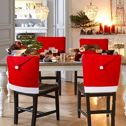 Kerstmis Kerstmuts Stoelhoes Rood Wit Geborsteld Polyester Eetkamerstoel Rugleuning Hoes Voor Kerstfeest Decoratie