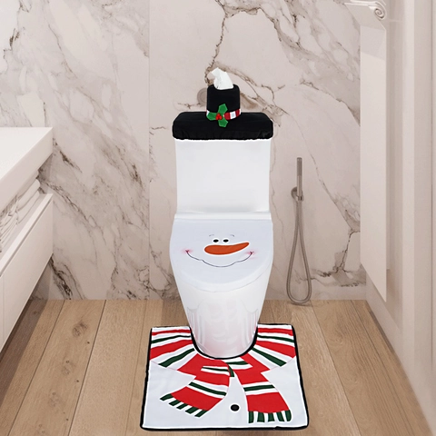 Christmas Snowman Toilet Seat Lid Cover Tank Holder And Bathroom Floor Mat Set Festive Household Restroom Decoration