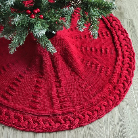 Christmas Tree Skirt Knitted Cable Pattern Round Xmas Tree Mat With Bow Ties Holiday Home Floor Decoration Ornament