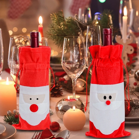 Père Noël Couvre-bouteille de Vin Sac Cordon Tissu Non Tissé Sac à Vin Champagne Sac Cadeau Décoration de Table de Noël