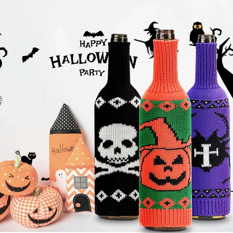 Halloween Knitted Wine Bottle Cover Pumpkin Skull Spider Patterns Holiday Party Table Decorations Wine Bottle Sleeves
