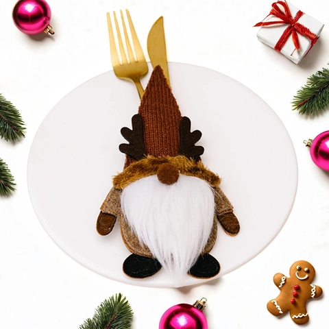 Porta Cubiertos de Gnomo de Navidad Rudolph Reno Papá Noel Copo de Nieve de Punto Bolsa para Cubiertos Decoración de Mesa