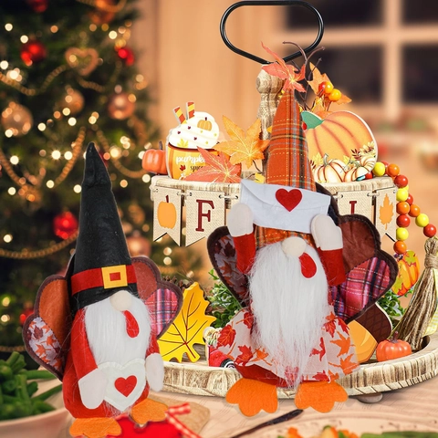 Thanksgiving Gnomes Plush Decorations Autumn Harvest Gnomes With Turkey Tail Maple Leaf Print Festive Gnome Ornaments Home Party Decor