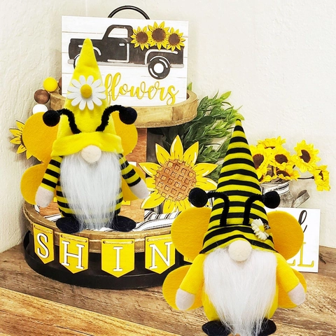 Bumblebee Gnome Peluche Poupée Tournesol Chapeau Rayé Rudolf Sans Visage Pour Printemps Table Jardin Maison Décoration