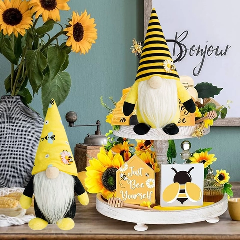 Bienen Thema Gnom Plüsch Ornamente Gelb Schwarz Gestreifter Hut Sonnenblume Gesichtslos Rudolf Puppe Frühling Haus Dekor