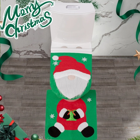 Christmas Toilet Seat Cover Set 2-Piece Santa Claus Gnome Pattern Fabric Bathroom Decor Festive Holiday Toilet Ornament
