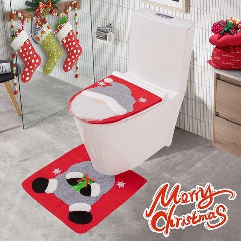 Weihnachten Gnom Toilettensitzbezug Und Teppich Badezimmer Dekor Set Festlich Rot Schneeflocke Gesichtslose Puppe Mat