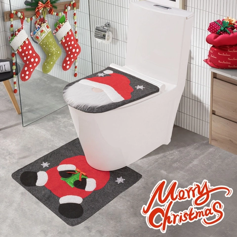 Kerst Kabouter Toiletdekselhoes En Badmat Polyester Grijs Rood Kerstman Badkamer Decoratie Voor Vakantie Huisfeest