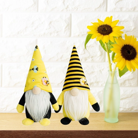 Bienen Thema Gnom Plüsch Ornamente Gelb Schwarz Gestreifter Hut Sonnenblume Gesichtslos Rudolf Puppe Frühling Haus Dekor