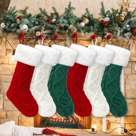 Kabelgebreide Kerstsok Met Kunstbont Rand Klassieke Feestdagen Hangende Sok Decor Voor Open Haard Mantel Kerstfeest