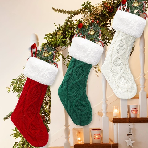 Kabelgebreide Kerstsok Met Kunstbont Rand Klassieke Feestdagen Hangende Sok Decor Voor Open Haard Mantel Kerstfeest