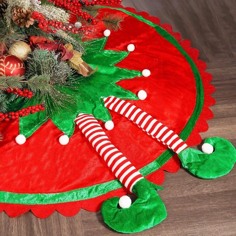 Gonna per Albero di Natale Elf Rosso Verde Velluto Copertura Base con Gambe da Elfo a Strisce per Decorazione Festa
