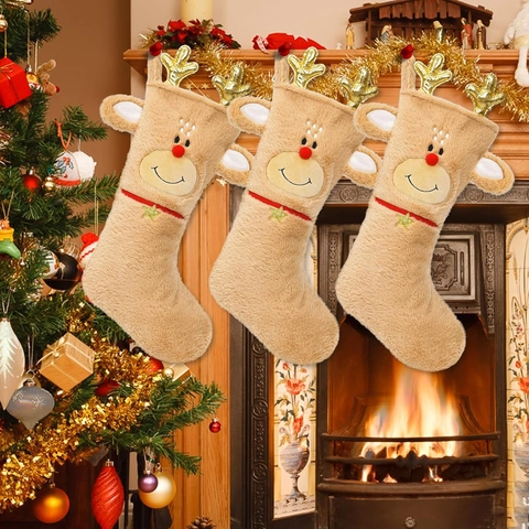 Grote Pluche Rendier Kerstsok Met Gouden Gewei Rode Neus Faux Bont Kerstversiering Voor Open Haard Thuis Decor