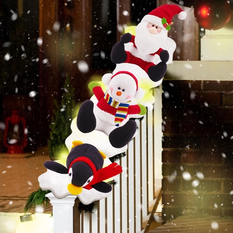 Set Decorazione per Corrimano Scale di Natale Coperta di Neve Illuminata LED Pupazzi di Peluche Babbo Natale Neve Pinguino