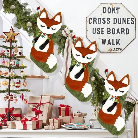 Calza di Natale in Peluche a Forma di Volpe Juta Verde Pelliccia Sintetica Ricamo Calzino Natalizio Appeso per Casa Festa Decorazione Sacco Regalo