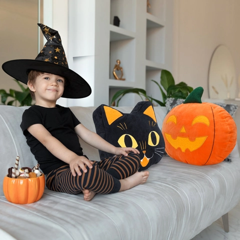 Halloween Schwarze Katze Plüschkissen Weiches Samt Deko Wurfkissen Für Heim Party Deko Festliche Kürbis Geist Ornament