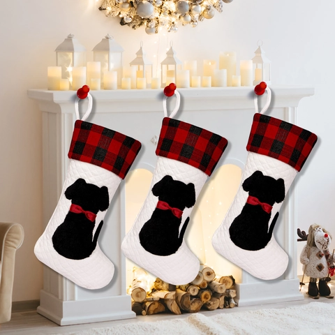 Calza di Natale per Animali Domestici Trapuntata a Quadretti Buffalo Silhouette di Cane e Gatto Decorazione da Appendere