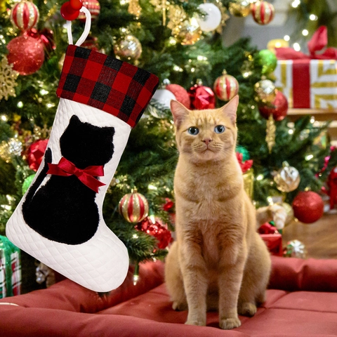 Calza di Natale per Animali Domestici Trapuntata a Quadretti Buffalo Silhouette di Cane e Gatto Decorazione da Appendere