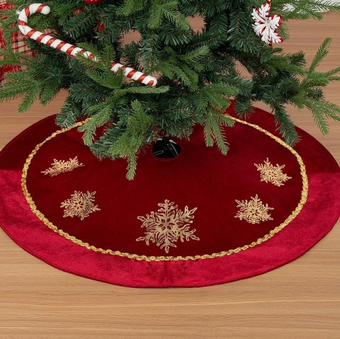 Gouden Sneeuwvlok Pailletten Kerstboomschort Rode Stof Kerstboom Decoratie Mat Voor Vakantie Feest Huis Ornament