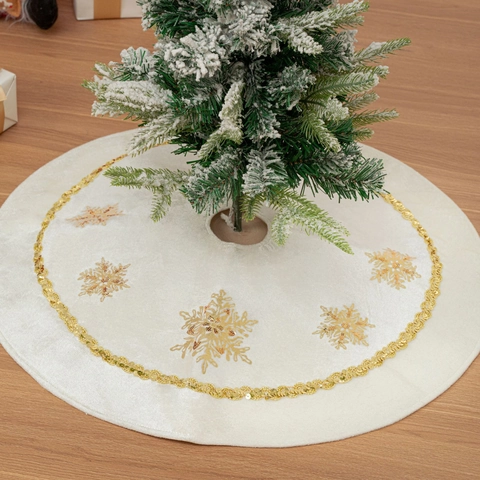 Gonna per Albero di Natale in Velluto Bianco Fiocco di Neve con Paillettes Dorate Tappetino Rotondo Decorazione per Feste Casa