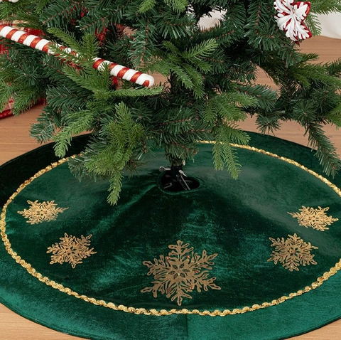 Groene Stof Kerstboomschort Goud Sneeuwvlok Borduurwerk Pailletten Decor Ronde Kerstboom Mat Voor Vakantie Huis Decoratie