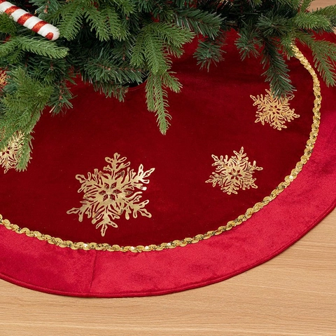 Gouden Sneeuwvlok Pailletten Kerstboomschort Rode Stof Kerstboom Decoratie Mat Voor Vakantie Feest Huis Ornament