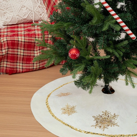 Gonna per Albero di Natale in Velluto Bianco Fiocco di Neve con Paillettes Dorate Tappetino Rotondo Decorazione per Feste Casa