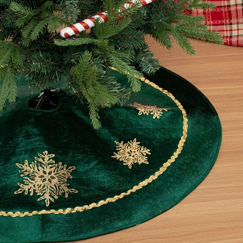 Groene Stof Kerstboomschort Goud Sneeuwvlok Borduurwerk Pailletten Decor Ronde Kerstboom Mat Voor Vakantie Huis Decoratie