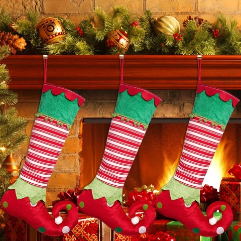 Calza di Natale Grande da Elfo a Strisce Bianche e Rosse Decorazione per Albero di Natale Sacchetto Regalo Appeso per la Casa