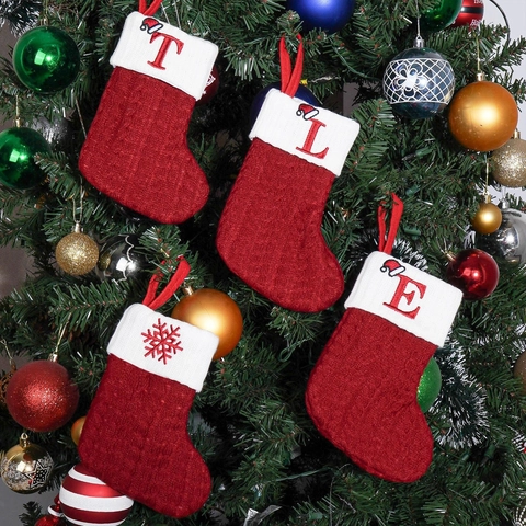 Knitted Christmas Stocking Decoration With Red White Alphabet Pattern For Holiday Home Tree Hanging Ornament Festive Gift