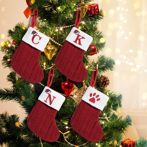Knitted Christmas Stocking Decoration With Red White Alphabet Pattern For Holiday Home Tree Hanging Ornament Festive Gift