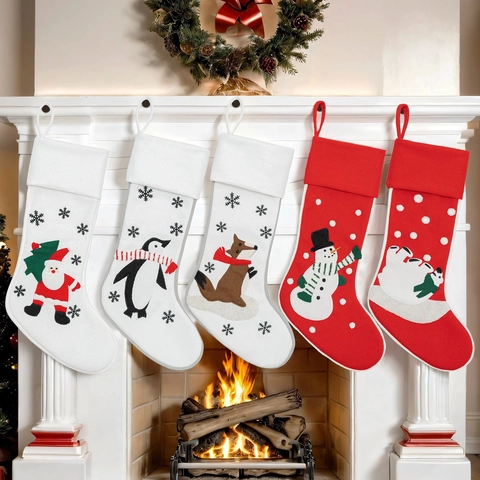 Large Christmas Stockings For Home Party Decor Polyester Embroidered Santa Penguin Fox Snowman Pattern Holiday Gift Bags