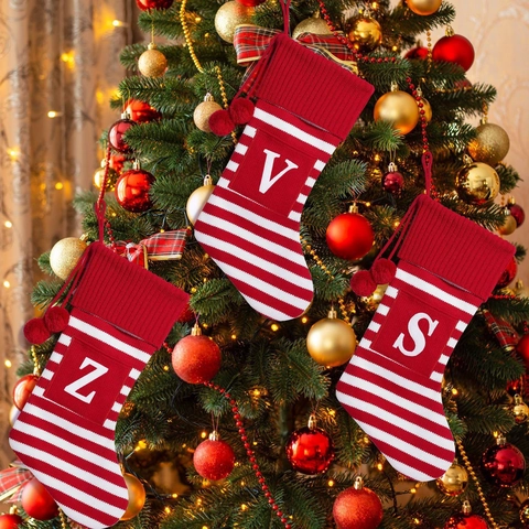 Knitted Striped Christmas Stockings With Alphabet Paw Print Embroidery Pompoms Xmas Tree Hanging Decor Gift Bag