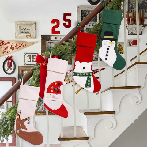 Polyester Christmas Stocking With 3D Applique Pom-pom Santa Snowman Reindeer Bear Hanging Ornament Festive Holiday Home Decor
