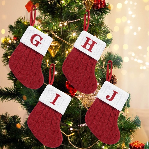 Calza di Natale Rossa Bianca in Maglia a Trecce Con Lettera Ricamata Personalizzata Fiocco di Neve Zampa Decorazione