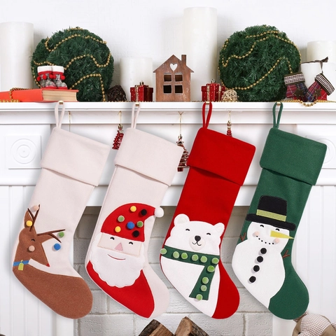Polyester Christmas Stocking With 3D Applique Pom-pom Santa Snowman Reindeer Bear Hanging Ornament Festive Holiday Home Decor