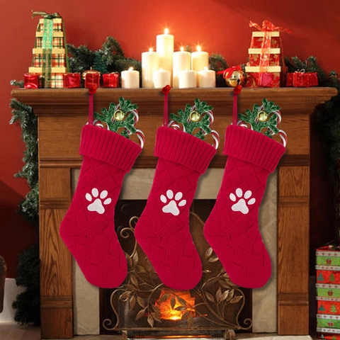 Calze di Natale a Maglia Con Motivi Ricamati di Zampe e Lische di Pesce Decorazione per Camino e Festa di Casa