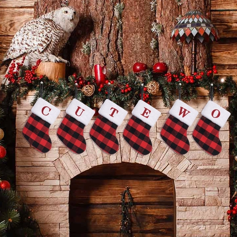Buffalo Plaid Christmas Stocking With Faux Fur Trim Red Embroidered Letter Hanging Holiday Home Fireplace Decoration Gift