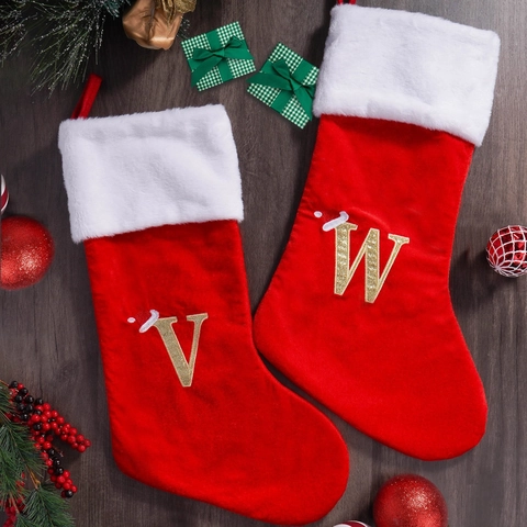 Red Christmas Stocking Polyester Velvet Faux Fur Gold Glitter Alphabet Letter Holiday Decoration Gift Bag Xmas Ornament