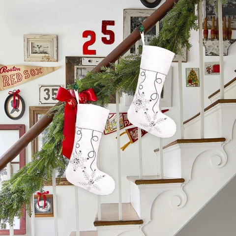 Weiße Weihnachtssocke Silberne Schneeflocke Strass Bestickt Weich Plüsch Hängende Deko Für Feiertag Weihnachten Home Party